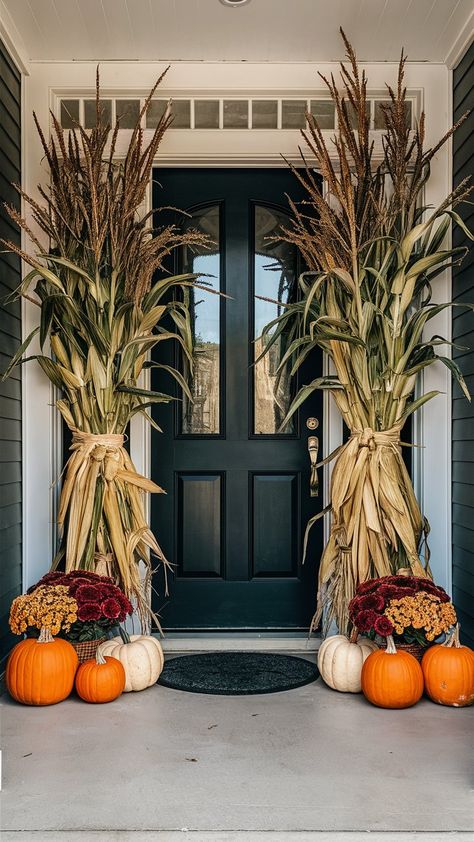 Discover 40 front porch fall decor ideas featuring pumpkins, mums, scarecrows, and straw bales. Create a cozy, rustic ambiance with these charming and creative decorations. Fall Front Porch Decor Columns, Fall Corn Stalk Decor Front Porches, Porch Thanksgiving Decor, Pumpkins And Mums Front Porches, Cornstalk Decor Front Porch, Fall Football Front Porch Decor, Mum Planters Front Porches, Front Porch Mums Fall Decorating, Fall Doorway Decor