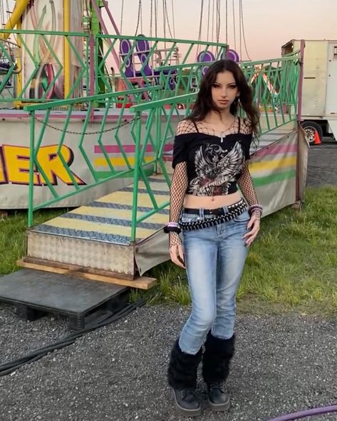 i <3 funnel cake #statefair #outfit #aesthetic #explorepage #altfashion#swag #y2k #y2kaesthetic #aesthetic #2000s #fashion #girl #emo #scene #tumblr #alternative #rock #metal #ootd #fashioninspiration #fashionpost #styleinspo #fashioninspo #goth #grunge #core jeans, fur boot leg warmers, bullet studded belt, fishnets, statefair Emo Outfits Y2k, Blue Scene Outfits, Leg Warmers Over Jeans, Goth Jeans Outfit, Emo Girl Outfits 2000s, Midwestern Emo Outfit, 2000 Emo Fashion, 2000s Rock Aesthetic, Y2k Emo Fashion