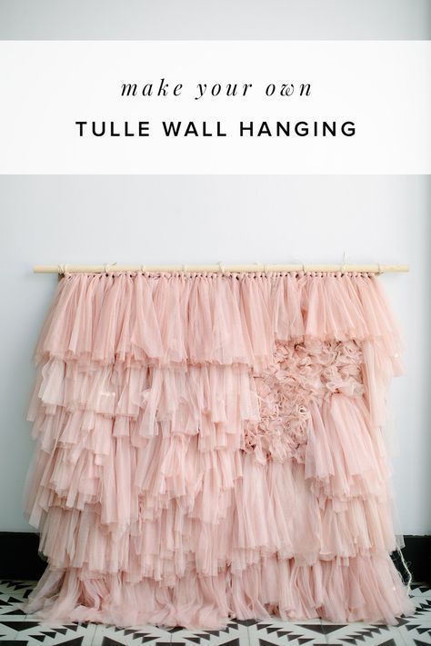 Amazing what 3 packs of Ikea curtains can do! We are making an oversized wall hanging with a weave look and you wont believe how easy it is to make. Use this diy tulle backdrop for your cake table or hang it in your office #ruffledblog #diytulleideas #diywallhanging #lillcurtains Diy Tulle Backdrop, Tulle Wall, Tulle Backdrop, Diy Tulle, Ikea Curtains, Diy Event, Wall Hanging Diy, Cake Table, Sewing Projects For Beginners