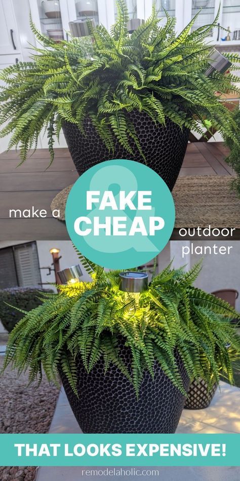 Fake Plants Patio Decor, Planters On Patio Ideas, Back Patio Decorating Ideas Budget, Patio With Artificial Plants, How To Arrange Fake Flowers In A Pot, Artificial Porch Plants Front Doors, Best Fake Plants For Front Porch, Best Fake Plants For Outside, Artificial Flower Arrangements Outdoor Front Porch