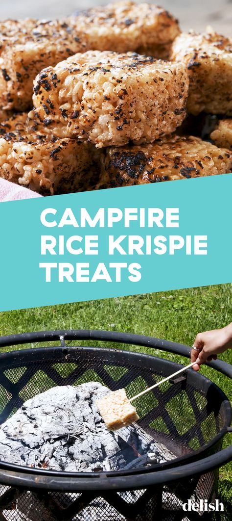 Campfire Rice Krispie Treats are WAY better than s'mores. Get the recipe at Delish.com. #recipe #easy #easyrecipes #delish #rice #dessert #ricekrispies #treats #campfire #camping #summer #marshmallow Fire Roasted Rice Krispie Treats, Camping Rice Krispie Treats, Fire Dessert Ideas, Campfire Roasted Rice Krispie Treats, Campfire Rice Crispy Treats, Campfire Rice Krispie Treats, Healthy Bonfire Snacks, Camping Deserts Easy, Easy Camping Food Ideas Simple