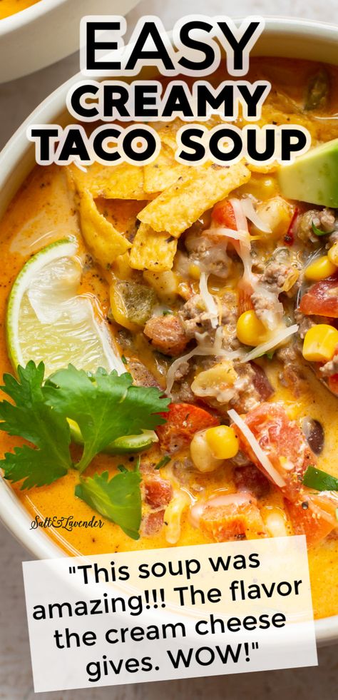 Creamy Taco Soup Recipe, Taco Spices, Creamy Taco Soup, Taco Soup Recipe Crockpot, Corn And Black Beans, Taco Soup Recipe Easy, Mexican Soup Recipes, Taco Soup Crock Pot, Soup With Ground Beef