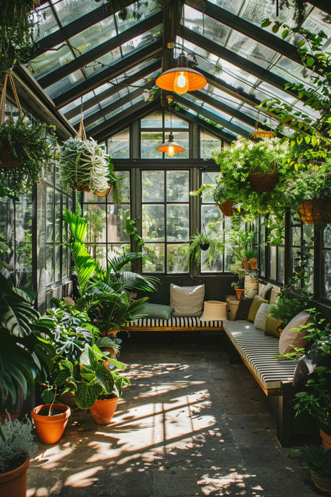 30 Greenhouse Ideas: Creative Designs for Your Home Garden Greenhouse Sun Room, Greenhouse Meditation Room, Greenhouse Hangout Ideas, Plant Conservatory Ideas, Sunroom Greenhouse Ideas, Backyard Botanical Garden, Greenhouse Sitting Area, Yoga Greenhouse, Home Greenhouse Ideas