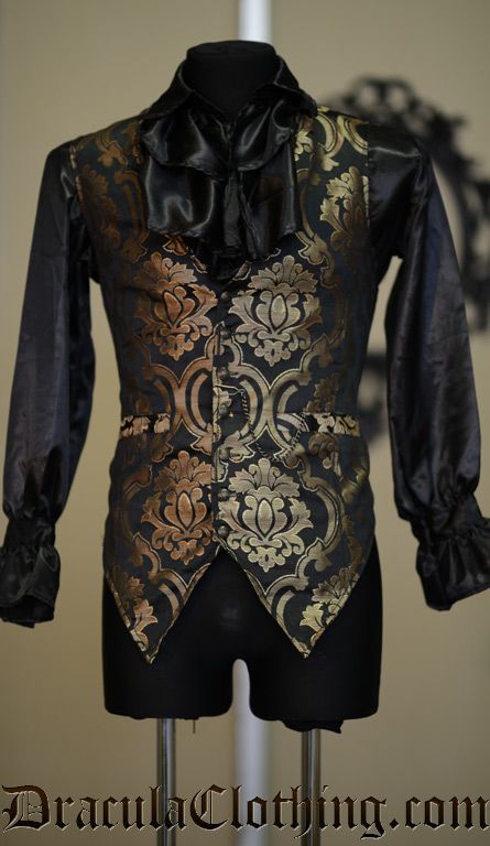 Gold Brocade Waistcoat Fantasy Wedding Menswear, Pirate Formal Wear, Victorian Waistcoat Women, Black And Gold Clothes, Black And Gold Suits, Black And Gold Prom Suit, Gold And Black Suit, Pirate Waistcoat, Masquerade Outfit Men