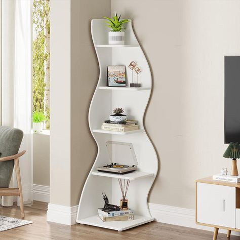 Latitude Run® 5 Layer Corner Bookshelf, Modern Independent Curved Corner Bookshelf, Display Corner Bookshelf Open Small Bookshelf Suitable For Living Room, Home Office, Small Space, White | Wayfair Corner Bookshelf, Shelf Modern, Wall Corner, Corner Bookshelves, Small Bookshelf, Small Bookcase, Corner Storage, Standing Shelves, Etagere Bookcase