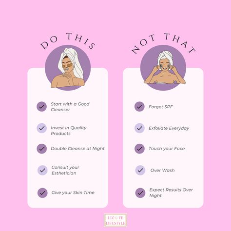 Here are just a few of the many Dos and Don’ts of skincare. Make sure to do research on effective products before integrating them into your skincare routine. It will take trial and error before you find a skincare routine that works for you, so don’t be discouraged if a certain product doesn’t work right away. Visit our website for more skincare tips. https://lizfelifestyle.com/ Diy Hair, Diy Haircare, Ginger Smoothie, Trial And Error, Diy Hair Care, Skincare Tips, Touching You, Esthetician, Online Magazine