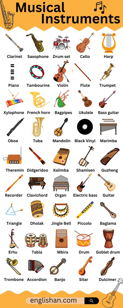 Learn Musical instruments Names with Pictures Musical Instruments Names, Music Vocabulary Words, Music Instruments Pictures, Easiest Instrument To Learn, Different Instruments, Musical Instruments Aesthetic, Types Of Music Genres, Types Of Musical Instruments, Types Of Instruments