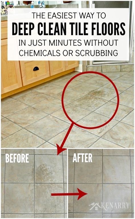 Wow! I love this easy idea for how to clean tile floors quickly and easily. Who knew you could get ceramic tiles deeply clean without chemicals or scrubbing on your hands and knees? Best Floor Cleaner For Tile And Grout, How To Clean White Tile And Grout, Scrubbing Floors By Hand, Cleaning Tile Floors With Vinegar, Clean Tile Grout Floors, Natural Tile Floor Cleaner, Clean Tiles And Grout, Clean Bathroom Floor Tile, How To Clean Grout On Tile Floors Easy