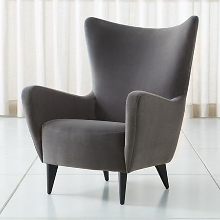 Elsa Grey Velvet Wingback Chair + Reviews | Crate and Barrel Family Room Chair, Modern Wingback Chairs, Velvet Wingback Chair, Compact Table And Chairs, Teal Accent Chair, Rustic Farmhouse Living Room, Upholstery Fabric For Chairs, Velvet Living Room, Swivel Chair Living Room