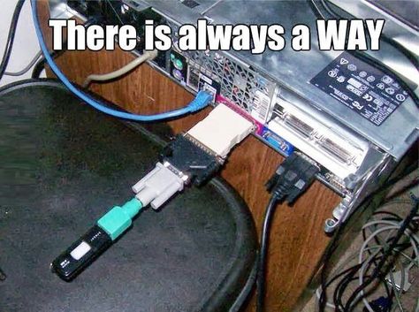 Parallel to serial> db25 to db9 > db9 to ps2 > ps2 to usb > usb stick = slow data transfer Ingenieur Humor, Da Fuq, Humour Geek, Programming Humor, Technology Humor, Computer Humor, Funny P, Tech Humor, Dvd Players