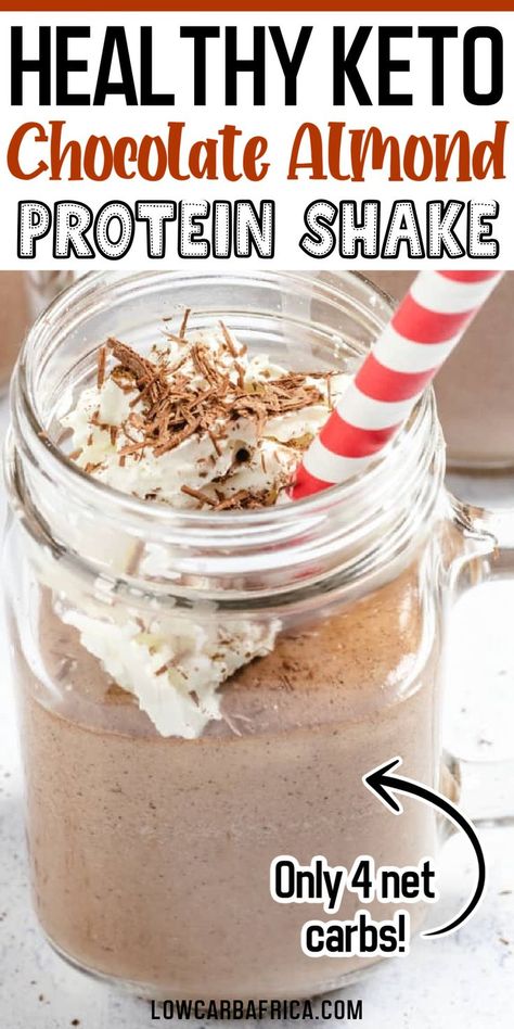 Low Carb High Protein Shakes, Almond Protein Shake, Almond Milk Protein Shake, Keto Protein Shake, Protein Shake Recipes Chocolate, Keto Protein Shakes, Chocolate Protein Smoothie, Low Carb Shakes, Low Carb Protein Shakes