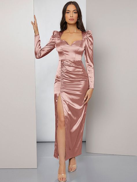 Dusty Pink Glamorous  Long Sleeve Satin Plain Fitted Embellished Non-Stretch All Women Dresses Bridesmaid Dresses Satin Long Sleeve, Stain Dress With Sleeves, Pink Satin Dress With Sleeves, Satin Gowns With Sleeves, Satin Dress For Women, Long Satin Dress With Sleeves, Satin Dresses Pink, Satin Full Sleeve Dress, Dusty Pink Dress Outfit Classy