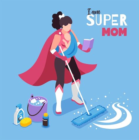 Free vector isometric super mom illustra... | Free Vector #Freepik #freevector #superhero-woman #super-woman #superhero #superhero-character Super Mom Illustration, Mom Illustration, Woman Character, Superhero Costume, Cleaning Equipment, Super Hero Costumes, Super Mom, Cartoon Illustration, Vector Photo