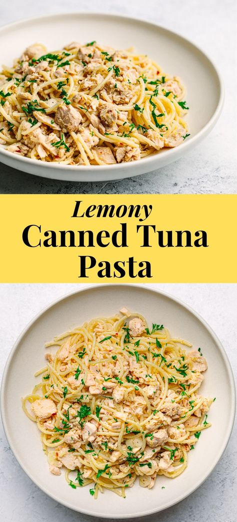 This easy canned tuna pasta recipe is loaded with basic pantry ingredients! It's lemony and garlicky! Garlicky Tuna Pasta, loaded with Mediterranean flavors and can be ready in less than 15 minutes.  It's perfect for your busy nights! Even better, you can bring the leftover for lunch the next day. #cannedtuna #tunapasta #pasta #spaghetti #quickpasta #quickmeal #seafood #fish #lemon #garlic Leftover Tuna Recipes, Recipes Canned Tuna, Tuna Pasta Recipes, Tuna Spaghetti Recipe, Canned Tuna Pasta, Tuna Pasta Recipe, Can Tuna, Tuna Dinners, Decadent Cheesecake