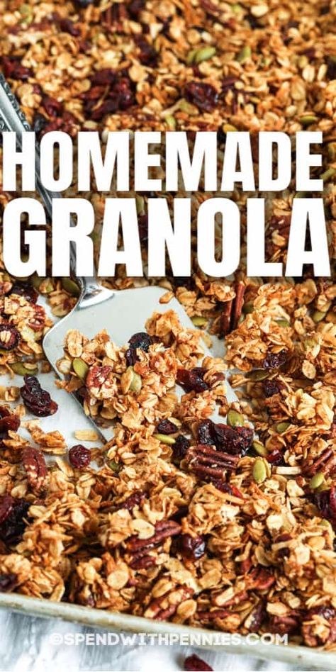 Homemade Granola is hearty, healthy, and super flavorful! Throw into some yogurt or make into granola bars for a quick on-the-go breakfast! #spendwithpennies #homemadegranola #granola #recipe #ovenbaked #breakfast #snack #healthy #easy #best Easy Granola Recipe, Easy Homemade Granola, Homemade Granola Healthy, Granola Recipe Healthy, Best Granola, Easy Granola, Granola Recipe Homemade, Baked Granola, Snack Healthy