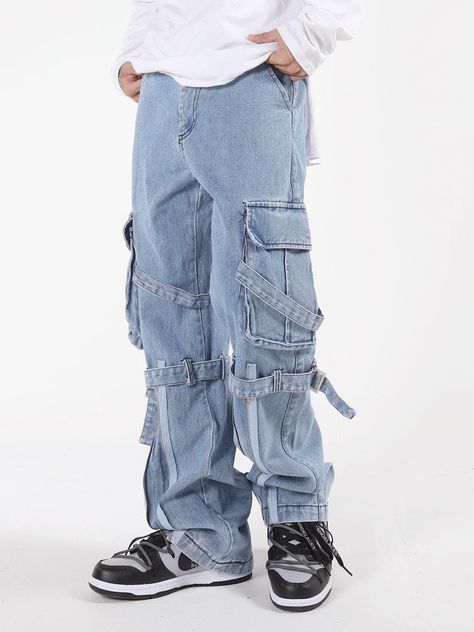 Cargo Pants With Straps Men, Pants With Straps Men, Denim Cargo Pants Men, Cargo Jeans Men, Cargo Jeans Outfit, Streetwear Inspiration, Cargo Denim, Denim Cargo Pants, Trendy Boy Outfits