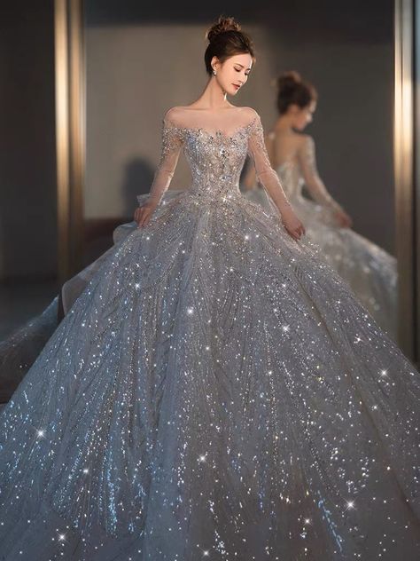 Sparkly Ball Gown, Fairytale Dresses, Silver Wedding Dress, Sparkly Gown, Glitter Wedding Dress, Fantasy Literature, Dreamy Gowns, Big Wedding Dresses, Wedding Clothing