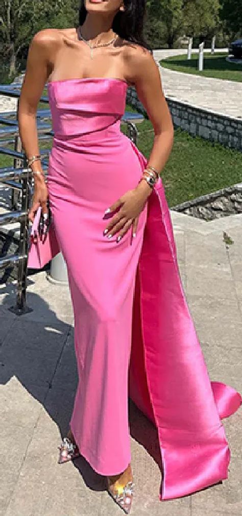 Elegant Satin Straight Neck Mermaid Long Bridesmaid Dresses with Trail – RomanBridal #bridesmaiddresses #longbridesmaiddresses #bridesmaiddressesonline #sexybridesmaiddresses Pink Dress Guest Wedding, Pink Night Dress Long, Pink Outfits Night Out, Hot Pink Gowns, Long Pink Bridesmaid Dresses, Pink Formal Dresses Long, Pink Long Dresses, Pink Wedding Guest Dress, Hot Pink Bridesmaid Dresses