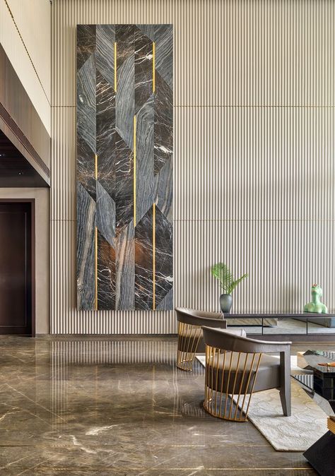 Wall Cladding Interior, House Lobby, Double Height Living Room, Lobby Wall, Cladding Design, Lobby Interior Design, Entrance Lobby, Living Area Design, Wall Panel Design