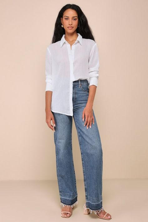 Grab your favorite jeans and the Lulus Truest Charm White Semi-Sheer Textured Button-Up Top to create a chic 'fit that'll be perfect for a casual day! Textured, semi-sheer woven fabric shapes this essential top that features a classic collared neckline and long sleeves with button cuffs. The relaxed, oversized silhouette boasts a functional button placket along the center and finishes at a rounded hem. Fit: This garment fits true to size. Length: Size medium measures 28.5" from shoulder to hem. White Top And Jeans Outfit, Longsleeve Outfits, Shirt Outfit Women, Sheer Clothing, Style Reference, White Button Down Shirt, Oversized Silhouette, Chic Woman, Sheer Top