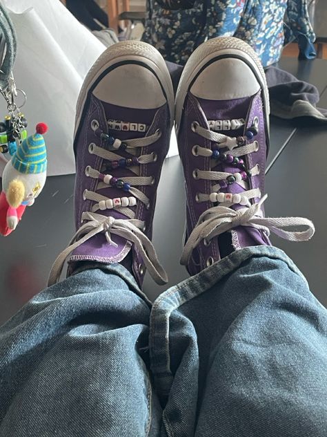 “Silly Clown” clown beads on purple converse!!! :) Colorful Converse Aesthetic, Converse Shoes Purple, Coraline Converse, Customizing Converse, Purple Shoes Aesthetic, Beads On Converse, Dark Purple Converse, Converse Beads, Kandi Shoes