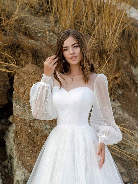 Puffy Sleeves Wedding Dress, Boho Wedding Dress Beach, Nude Prom Dresses, Embroidered Wedding Gown, Wedding Dress Beach Wedding, Wedding Dress Romantic, Wedding Dress Beach, Sleeves Wedding Dress, Dress Boho Wedding