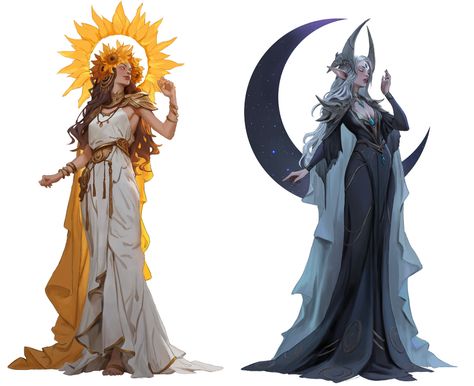 ArtStation - sun and moon concept Croquis, Dnd Moon Goddess, Sun And Moon Concept Art, The Sun Personified, Sun Cleric Dnd, Goddess Design Character, Eclipse Character Design, Queen Marika Elden Ring, Fey Character Design