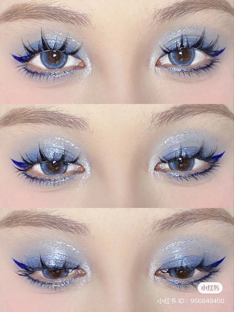 Blue Themed Makeup, Hatsune Miku Makeup, Blue Douyin Makeup, Ulzzang Makeup Tutorial, Doll Eye Makeup, Cool Halloween Makeup, Rave Makeup, Ulzzang Makeup, Glitter Eye Makeup