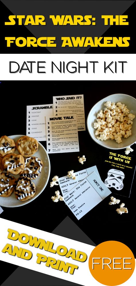 Are you and your date Star Wars nerds? Well, with this date night the force is with you. It's easy, fun, and affordable. Rather than just sitting and watching, step up your movie date with a lightsaber fight, quirky snacks, good conversation, awesome games, and a little bit of humor. #forceawakens #starwars #datenight From makeadateofit.com @makeadateofit Star Wars Movie Night Snacks, Star Wars Themed Movie Night, Star Wars Dinner And A Movie, Star Wars Date Night Ideas, Star Wars Day Ideas, Starwars Movie Night, Star Wars Themed Dinner, Star Wars Date Night, Star Wars Dinner