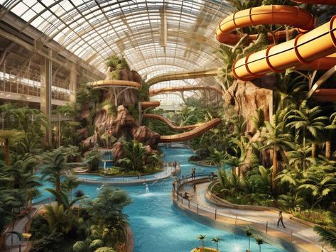 Bloxburg Indoor Waterpark, Indoor Park Design, Waterpark Bloxburg, Bloxburg Waterpark, Water Park Design, Waterpark Aesthetic, Bloxburg Resort, Water Park Ideas, Mountain View Resort