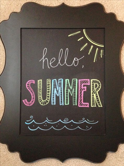 Hello summer chalkboard Summer Chalkboard Art, Summer Chalkboard, Chalkboard Art Diy, Chalkboard Art Quotes, Chalkboard Wall Art, Chalkboard Doodles, Blackboard Art, Chalkboard Calendar, Kitchen Chalkboard