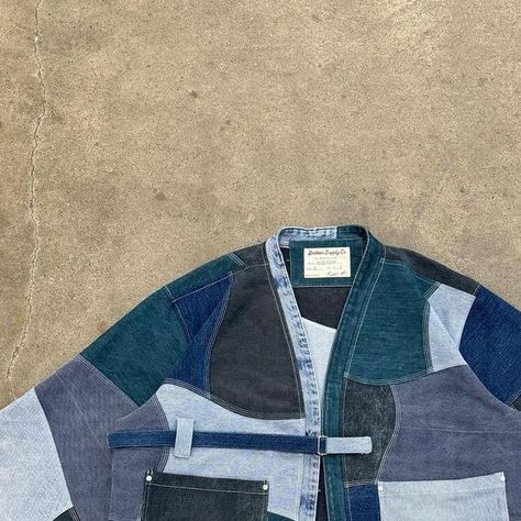 By Ryder Brackett on Instagram: "Piece No. 3 dropping 10/20 at 12p.m EST🌎 Cut and sewn reusing upcycled jeans♻️ • Size Large • Chest 27” • Length 26” #cutandsew #upcycledclothing #reworkedvintage #reworkedclothing #upcycled #slowfashion #sustainablefashion #slowfashion #streetwear #archivefashion #haori #kimono #japanesefashion #japanesestreetfashion" Japanese Street Fashion, Upcycling Clothing, Reworked Clothing, Upcycled Jeans, Reworked Vintage, Archive Fashion, Upcycle Jeans, Upcycled Fashion, Custom Clothing