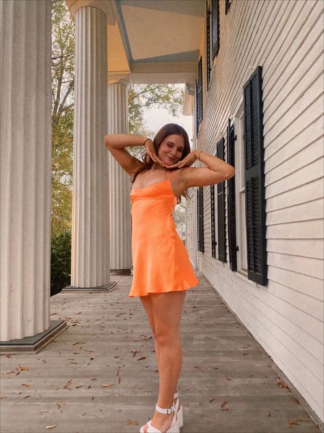 Orange Silk Dress Short, Orange Hoco Dresses, Neon Homecoming Dresses, Silk Homecoming Dress, Simple Hoco Dresses, Orange Hoco Dress, Orange Homecoming Dress, Spring Dance Dresses, Unique Hoco Dresses