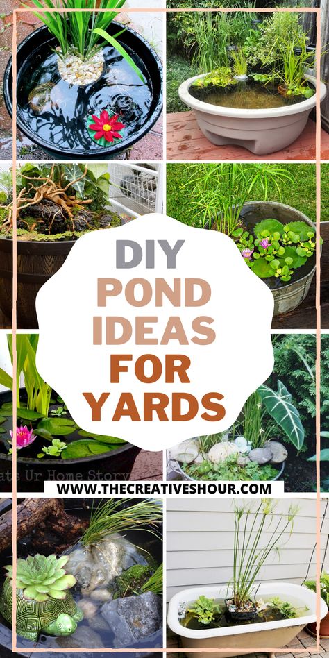 Backyard Pond Ideas Small, Small Front Yard Pond Ideas, Diy Deck Water Feature, Small Indoor Turtle Pond, Tire Pond Diy, Small Water Ponds Ideas, Fish Pond Ideas Outdoors, Easy Diy Pond Ideas, Mini Fish Pond Garden
