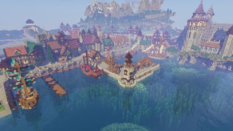 Survival built Minecraft city with handmade mountains in background Minecraft Medieval Port City, Minecraft Port City, Minecraft Mountain City, Minecraft Port Town, Minecraft Dock Design, Port Minecraft, Minecraft Harbor, Minecraft Port, Minecraft Dock