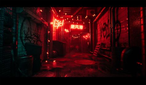 ArtStation - An Asian Back Alley (Unreal 4), Oskar Woinski Dark Alley, Neon Noir, Artistic Pictures, Desktop Wallpaper Art, Cyberpunk Aesthetic, Cyberpunk City, Arte Cyberpunk, Arte Obscura, Cyberpunk Art