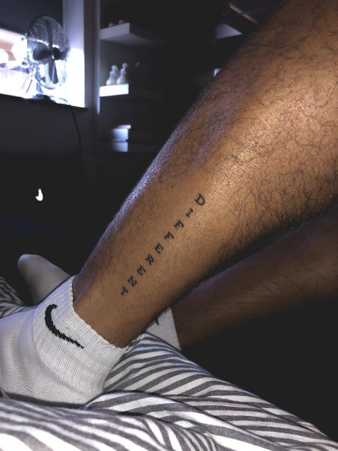 Guys Calf Tattoo, Leg Tats Men Small, Men Calf Tattoo Ideas Small, Godspeed Leg Tattoo, Leg Tattoo Men Quote, Tattoos For Guys Leg Calf, Men’s Small Leg Tattoos, Leg Tattoo Placement Ideas Men, Leg Line Tattoo Men