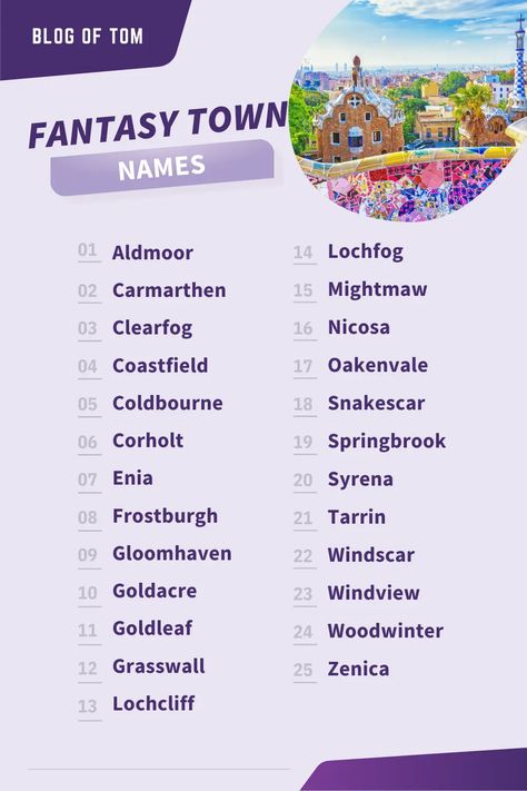 Looking for the perfect name for your next fantasy town? Look no further! This list of 400 awesome ideas for fantasy town names is sure to have something that will fit your needs. From whimsical and light-hearted names to dark and brooding ones, there's something here for everyone. So get inspired and start creating your very own magical town today! #fantasytownnames #townnames Names Of Places Writing, Place Name Ideas Writing, Names For Magical Places, Magic Name Ideas, Names Of Fantasy Places, Fantasy Story Name Ideas, Fantasy Town Names List, Fantasy Kingdom Names Ideas Dark, Fantasy Capital City Names