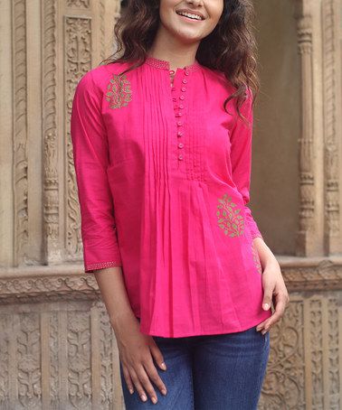 This Pink Pleated Button-Front Top by NOVICA is perfect! #zulilyfinds Cotton Tops Designs, Simple Kurta Designs, Simple Kurti Designs, Pakistani Fashion Casual, Long Kurti Designs, Tunic Pattern, Comfy Dresses, Cotton Tunics, Indian Fashion Dresses