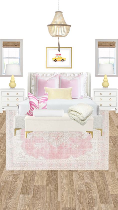 pink and yellow room inspo Pink And Yellow Room, Pink And Yellow Bedroom, Bloxburg Beach, Sorority Room, Bedroom Vibes, Pink Bedroom For Girls, White Room Decor, Room Items, Makeover Bedroom