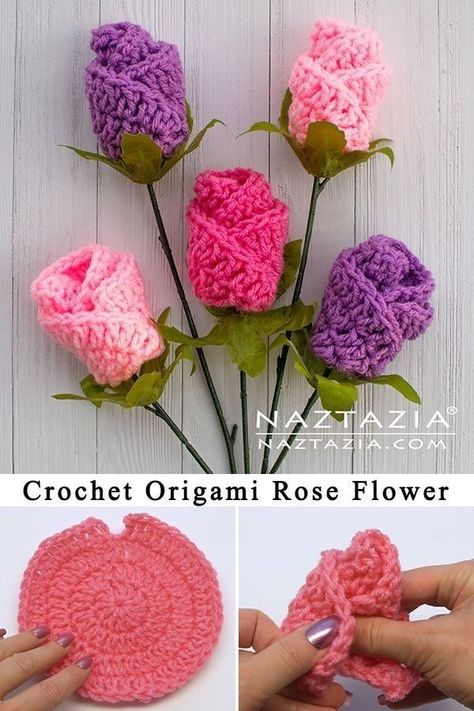 Origami Rose Flower, Rose En Origami, Make A Paper Flower, Free Crochet Flower, Crochet Flower Bouquet, Origami Tutorial Easy, Confection Au Crochet, Crochet Flowers Easy, Origami Rose