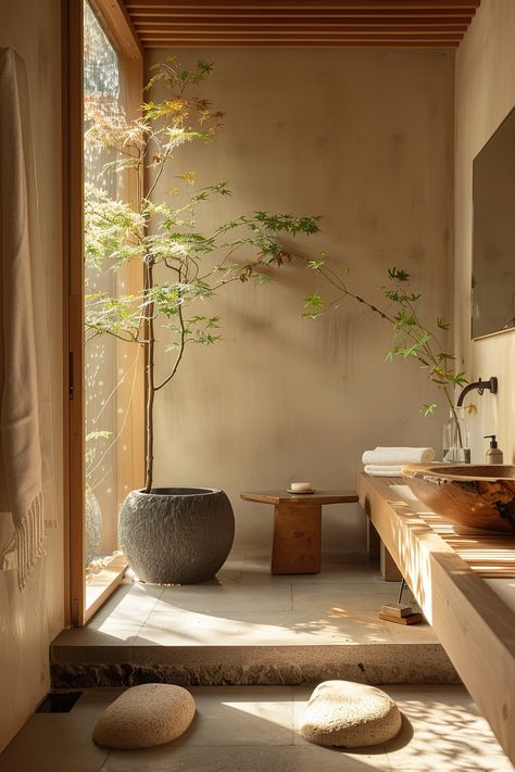 Learn how Zen Japandi bathroom design can help you achieve ultimate relaxation. 🧘‍♀️🛁 Japanese Washroom, Japandi Landscape, Japandi Bathrooms, Zen Design Interior, Japanese Zen Interior, Bathroom Japandi, Zen House Design, Japandi Bathroom Design, Wabi Sabi Bathroom