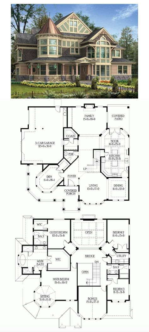 Nice layout ------- Victorian House Plan with 3965 Square Feet and 4 Bedrooms(s) from Dream Home Source | House Plan Code DHSW56105 Victorian Homes One Story, New Home With Old Character, Homestead House Layout, Loft Home Floor Plan, Sims House Plans Cottage, Old House Layout, Victorian Style House Exterior, House Layout Victorian, Small Nice Houses