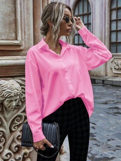 Search pink button up | SHEIN USA Pink Button Up Blouse Outfit, Pink Floral Blouse Outfit, Pink Collared Shirt Outfit, Fuschia Shirt Outfit, Light Pink Blouse Outfit, Pink Button Down Shirt Outfit, Pink Button Up Shirt Outfit, Light Pink Shirt Outfit, Pink Blouse Outfit