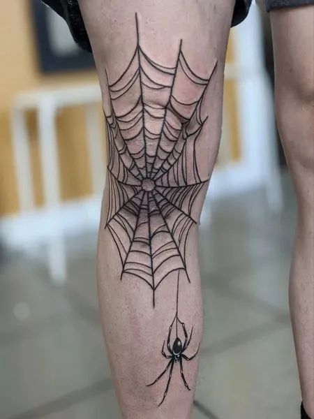 Spider Web Knee Tattoo Gothic Spider Web Tattoo, Spider Web Knee Tattoo Men, Spider On Knee Tattoo, Elbow Web Tattoo Traditional, Spider On Elbow Tattoo, Spider Tattoo On Knee, Spider Webs Tattoos, Spider Man Web Tattoo, Cobweb Tattoo Knee