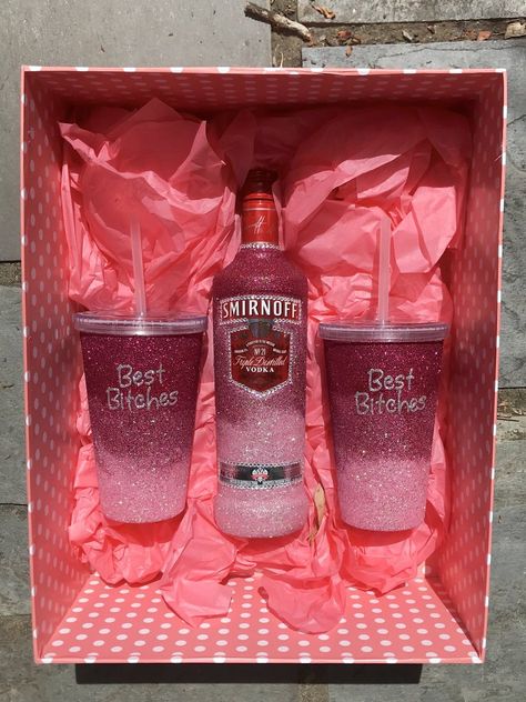 Purchase Smirnoff And 2x sippy cups please add details for cups in notes Birthday Alcohol Gift Ideas, 18th Birthday Present Ideas, 21st Birthday Gifts For Best Friends, Alcohol Bottle Decorations, Alcohol Bottle Crafts, Decorated Liquor Bottles, Glitter Wine Bottles, 21st Birthday Ideas, 21st Birthday Girl