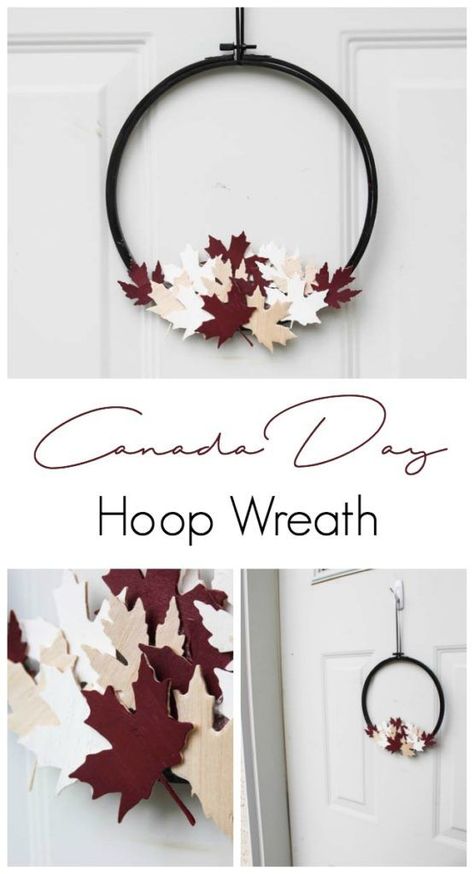 A beautiful modern hoop wreath for Canada Day! Using a simple embroidery hoop and balsa wood maple leaves, you can celebrate the birthday of Canada in style! Love the red, white, and black! Patchwork, Amigurumi Patterns, Mont Blanc, Natal, Canada Day Centerpieces Ideas, Canada Day Wreath, Simple Embroidery Hoop, Canadian Decor, Canada Decor