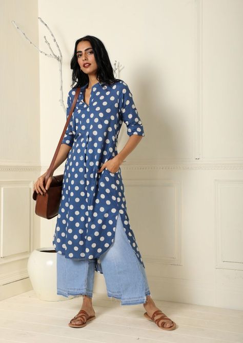 Indigo Blue Polka Anti Fit Tunic Block Print Kurti Designs, Indigo Block Print, Indigo Dress, Vibrant Dress, Short Dress White, Asymmetrical Shirt, Indigo Color, Tunics Online, Formal Tops