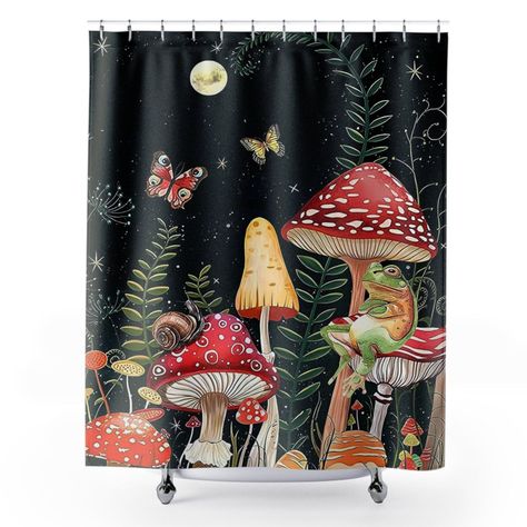 This shower curtain is here to add an original touch to any bathroom with this cottage core retro mushroom shower curtain. The perfect addition to any bathroom decor. This would make a great housewarming, wedding shower or Mother's Day gift!  NB! Please note that while polyester offers adequate protection against water, a liner might be necessary for full waterproofness. .: 100% Polyester .: One-sided print .: Hooks not included .: Note: Pre-constructed item. Size variance +/- 2" Fantasy Bathroom, Acotar Aesthetic, Green Cottagecore, Retro Shower Curtain, Dark Curtains, Aesthetic Bathroom, Boho Moon, Boho Shower Curtain, Fairytale Fantasy