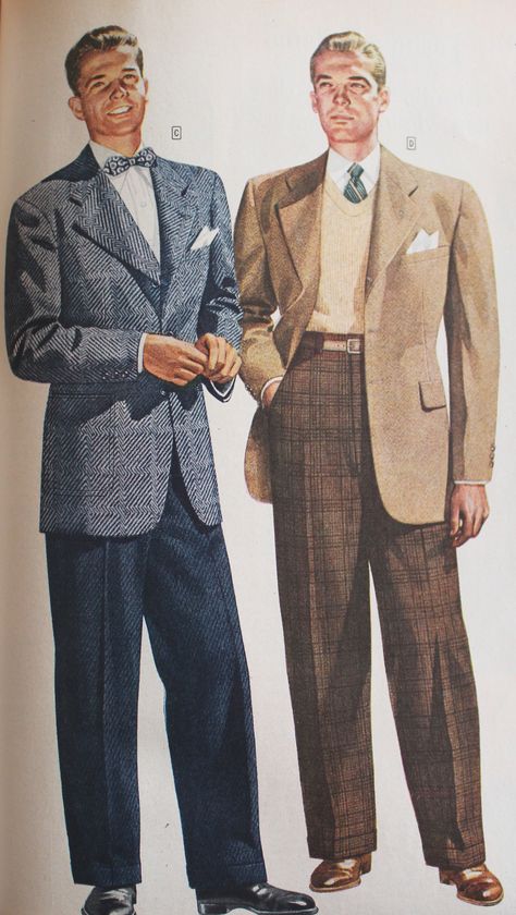 Detailed 1940s men's fashion history for everyday man. Business suits, zoot suits, casual and sport clothes, work clothing, shoes, hats and more. Pictures Dieselpunk, 40s Mode, 1940s Mens Fashion, Zoot Suit, Diesel Punk, Look Retro, Vintage Mens Fashion, Fashion 1950s, Vintage Suits